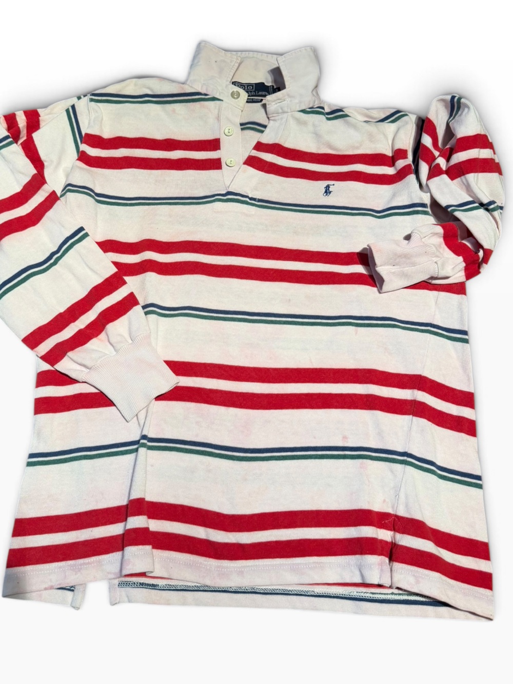 Vintage 80s Ralph Lauren White Long Sleeve Rugby Shirt with Stripes M